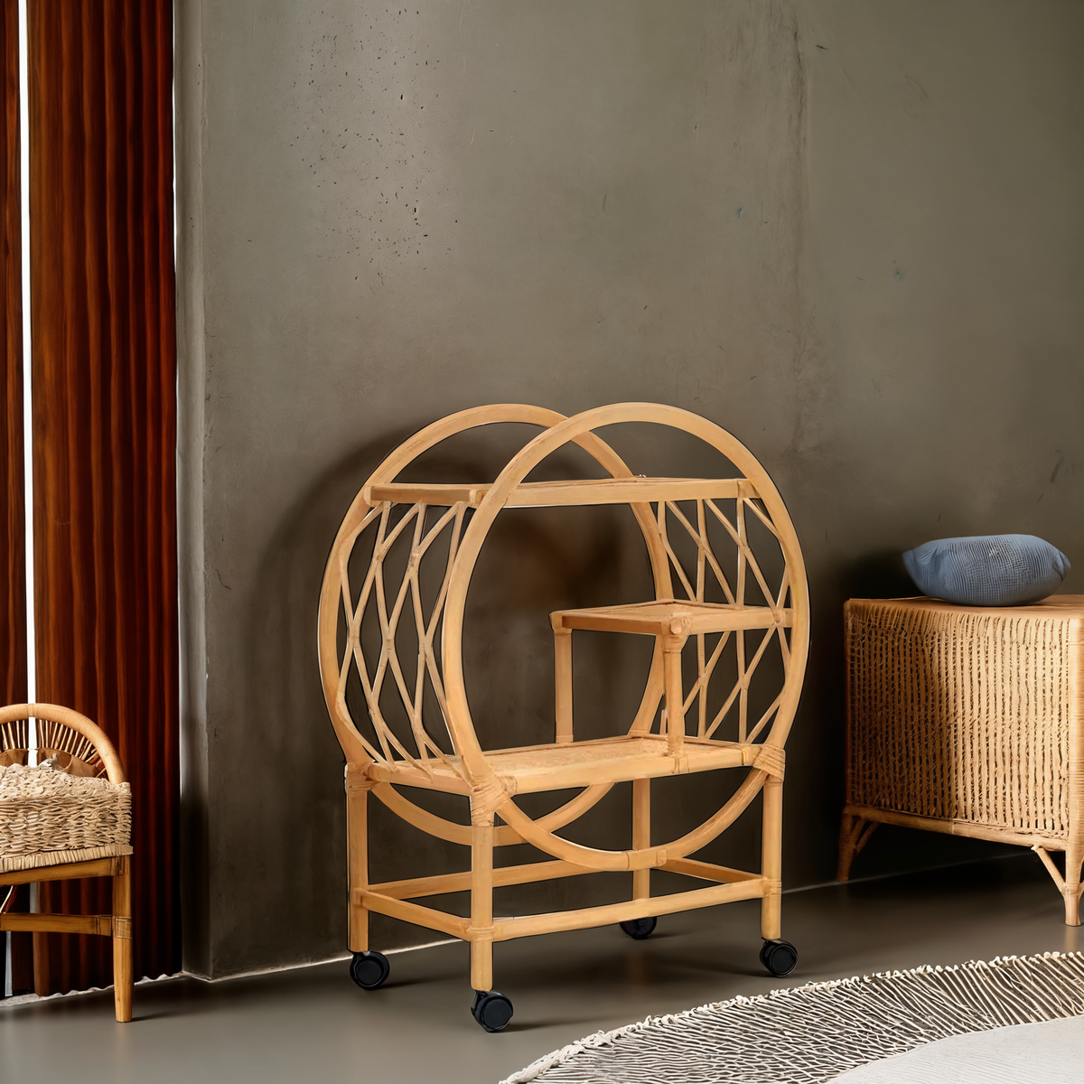 Three Tier Rattan Bar Trolley in Natural Finish | Mataram