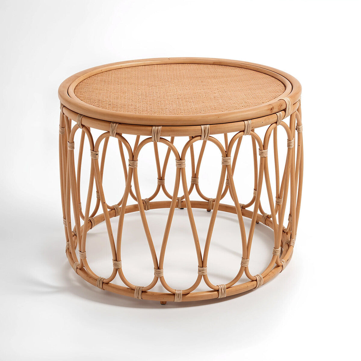 Natural Rattan Coffee Table with Open Weave Design and Webbing Round Top | Mataram