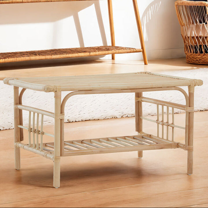 Natural Rattan Rectangular Coffee Table with Lower Storage Shelf | Mataram