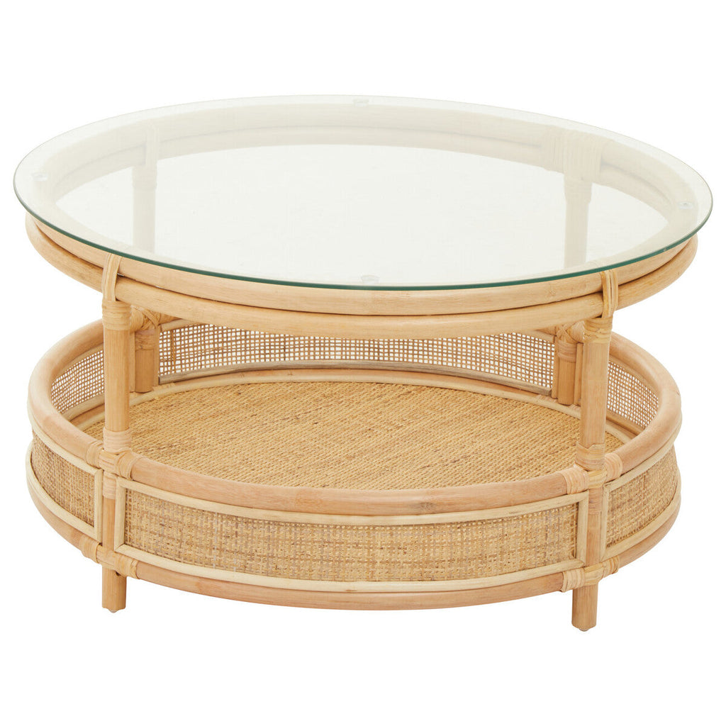 Clear Glass Top Natural Rattan Round Coffee Table with Lower Storage Shelf | Mataram