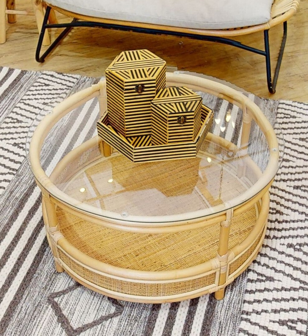 Clear Glass Top Natural Rattan Round Coffee Table with Lower Storage Shelf | Mataram