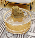 Clear Glass Top Natural Rattan Round Coffee Table with Lower Storage Shelf | Mataram