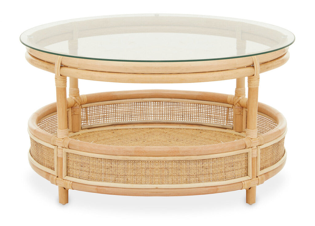 Clear Glass Top Natural Rattan Round Coffee Table with Lower Storage Shelf | Mataram