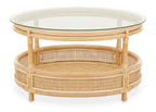 Clear Glass Top Natural Rattan Round Coffee Table with Lower Storage Shelf | Mataram