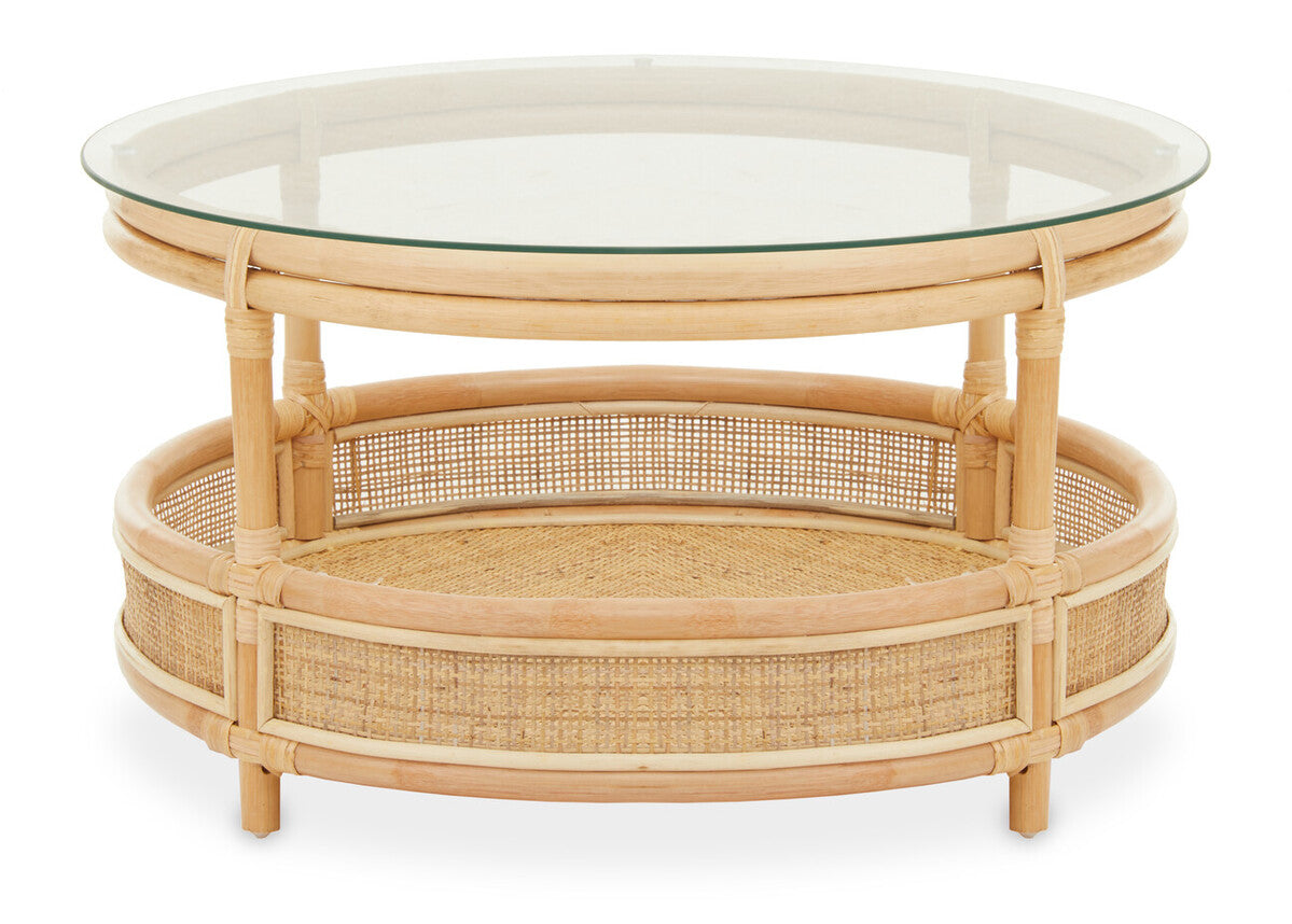 Clear Glass Top Natural Rattan Round Coffee Table with Lower Storage Shelf | Mataram