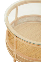 Clear Glass Top Natural Rattan Round Coffee Table with Lower Storage Shelf | Mataram