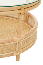 Clear Glass Top Natural Rattan Round Coffee Table with Lower Storage Shelf | Mataram
