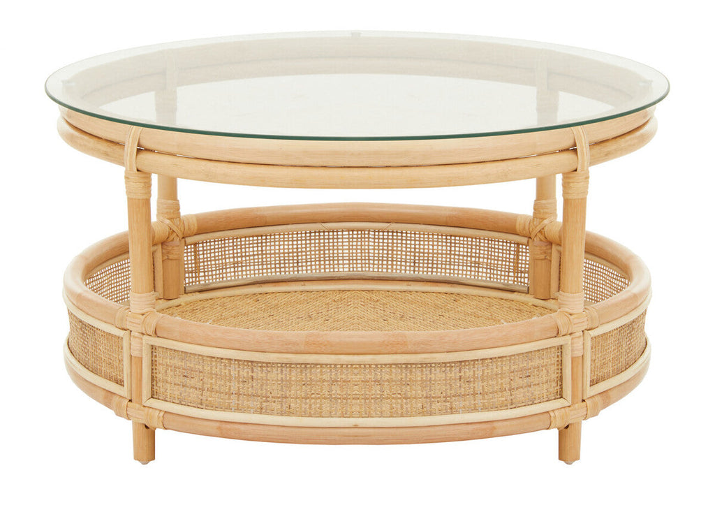 Clear Glass Top Natural Rattan Round Coffee Table with Lower Storage Shelf | Mataram