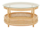 Clear Glass Top Natural Rattan Round Coffee Table with Lower Storage Shelf | Mataram