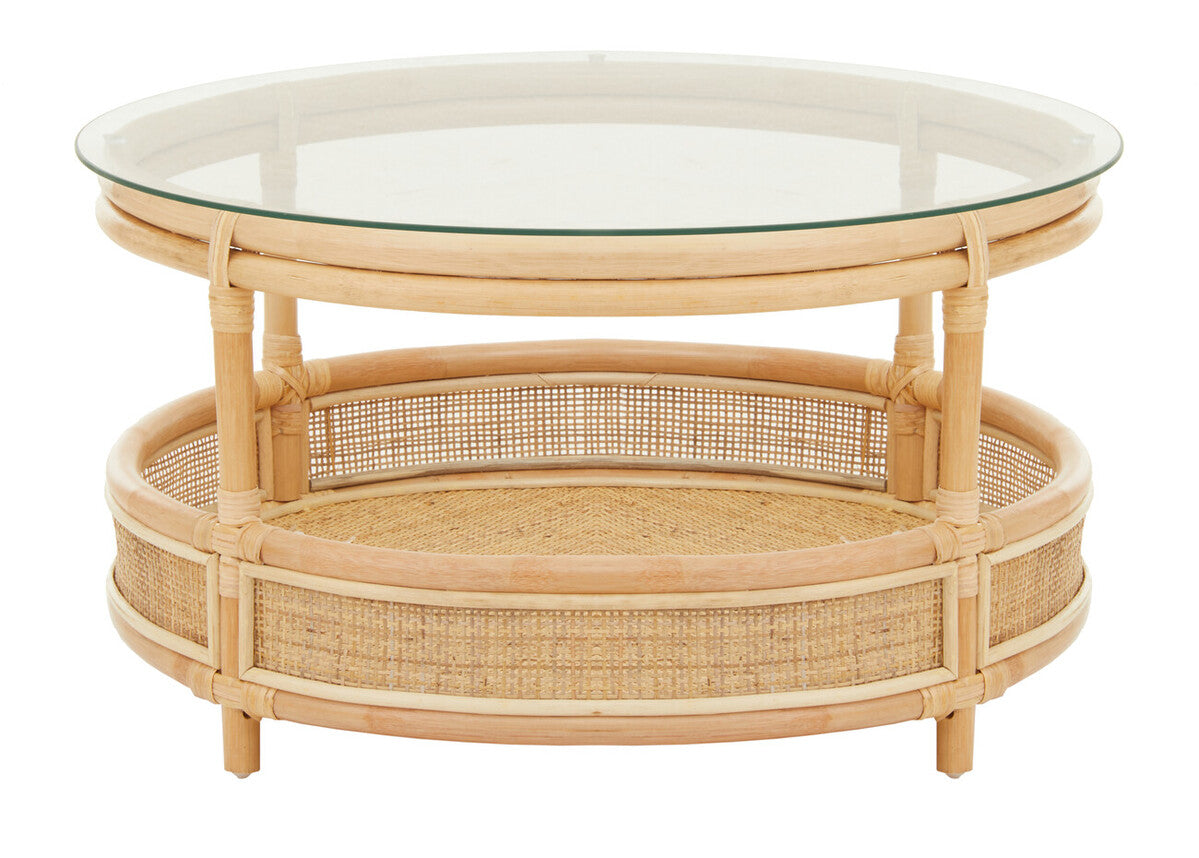 Clear Glass Top Natural Rattan Round Coffee Table with Lower Storage Shelf | Mataram