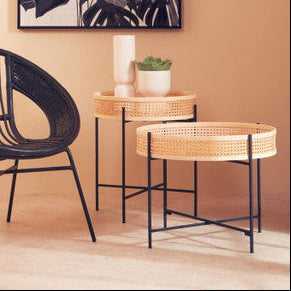 Natural Rattan Coffee Table with Black Cross Metal Base | Depok