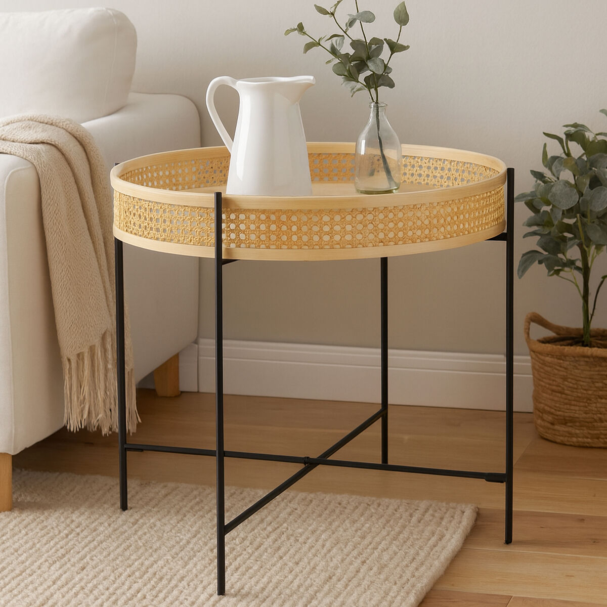 Natural Rattan Coffee Table with Black Cross Metal Base | Depok