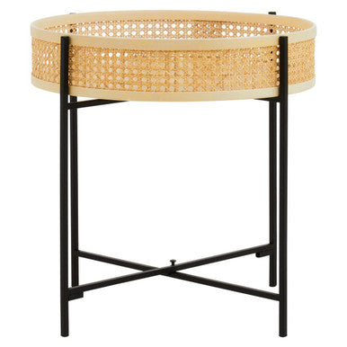 Natural Rattan Round Top Side Table with Black Metal Cross Base Legs | Depok