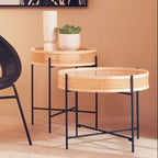 Natural Rattan Round Top Side Table with Black Metal Cross Base Legs | Depok