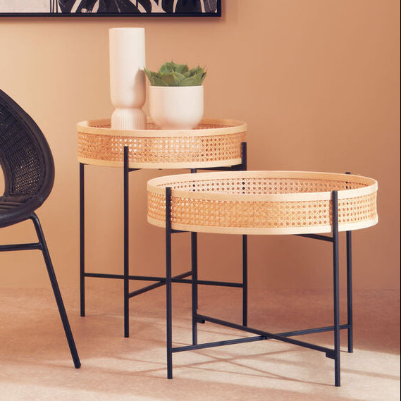 Natural Rattan Round Top Side Table with Black Metal Cross Base Legs | Depok