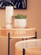 Natural Rattan Round Top Side Table with Black Metal Cross Base Legs | Depok