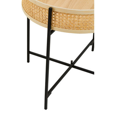 Natural Rattan Round Top Side Table with Black Metal Cross Base Legs | Depok