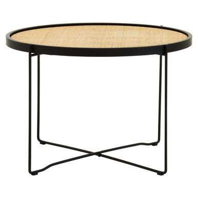 Natural Rattan Round Coffee Table with Black Cross Metal Legs | Depok