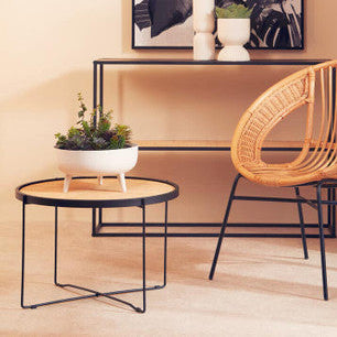 Natural Rattan Round Coffee Table with Black Cross Metal Legs | Depok