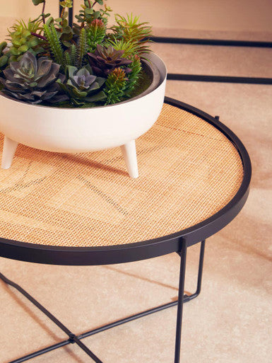 Natural Rattan Round Coffee Table with Black Cross Metal Legs | Depok