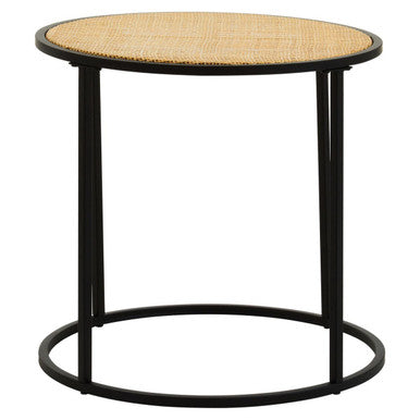Natural Rattan Round Top Side Table with Black Metal Base | Depok