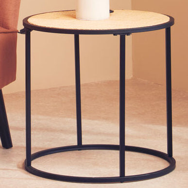 Natural Rattan Round Top Side Table with Black Metal Base | Depok