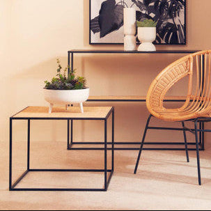 Natural Rattan Top and Black Metal Coffee Table | Depok