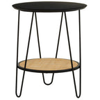 Natural Rattan Top Side Table with Lower Shelf and Black Metal Hairpin Legs | Depok