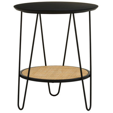 Natural Rattan Top Side Table with Lower Shelf and Black Metal Hairpin Legs | Depok