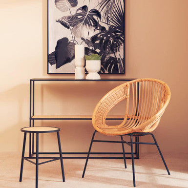 Black Metal Frame 2-Tier Console Table with Natural Rattan Shelving | Depok