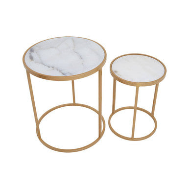 Set of 2 White Marble Top and Gold Metal Frame Nesting Tables | Colva