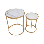 Set of 2 White Marble Top and Gold Metal Frame Nesting Tables | Colva