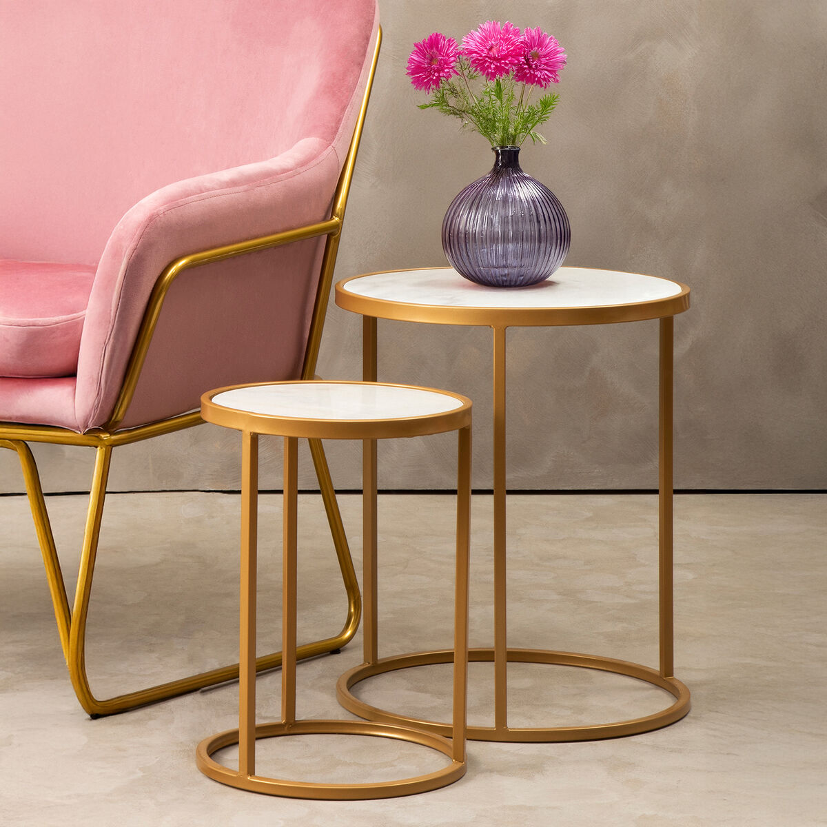 Set of 2 White Marble Top and Gold Metal Frame Nesting Tables | Colva