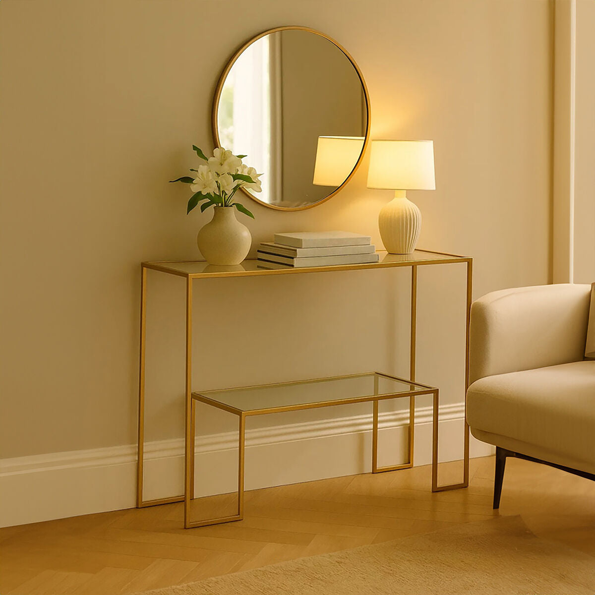 Clear Glass Top and Gold Finish Frame Console Table | Avento