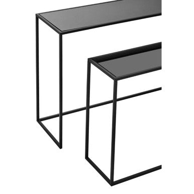 Set of 2 Black Glass Top and Metal Frame Console Tables | Avento