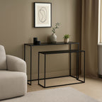 Set of 2 Black Glass Top and Metal Frame Console Tables | Avento