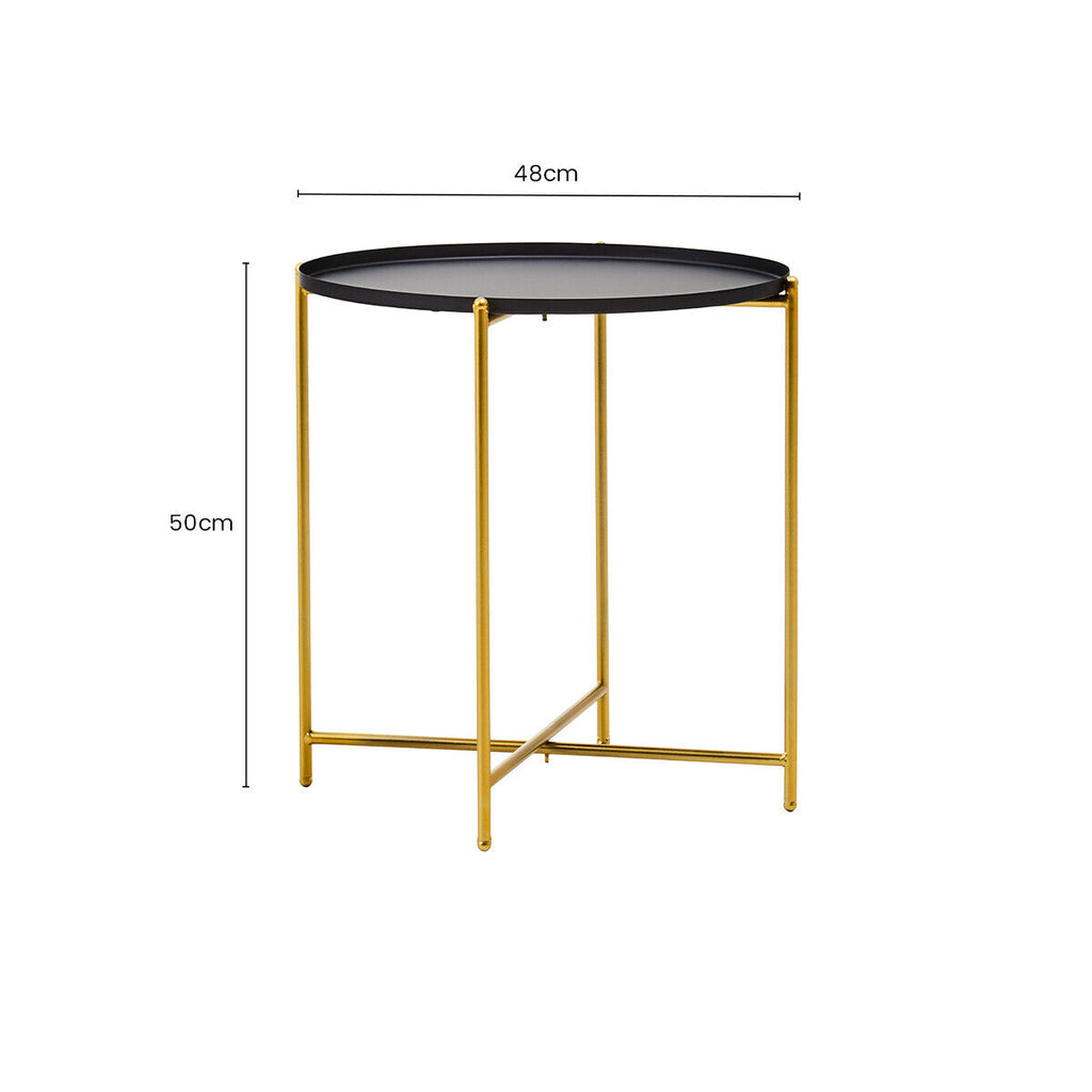 Black Tray Top Round Side Table with Gold Finish Iron Stand | Trosa