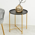 Black Tray Top Round Side Table with Gold Finish Iron Stand | Trosa