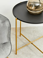 Black Tray Top Round Side Table with Gold Finish Iron Stand | Trosa