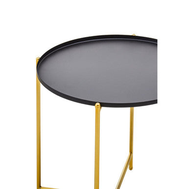 Black Tray Top Round Side Table with Gold Finish Iron Stand | Trosa