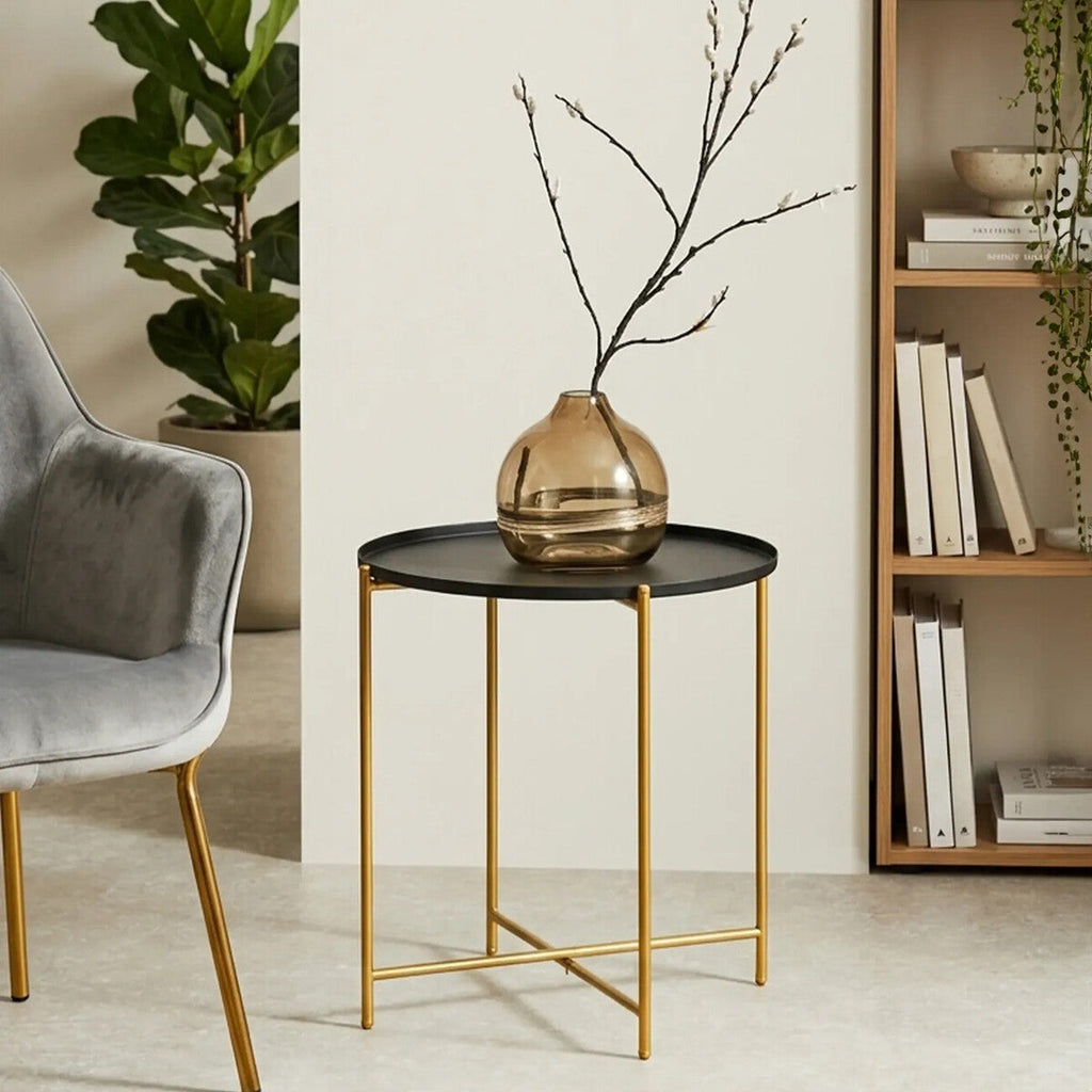 Black Tray Top Round Side Table with Gold Finish Iron Stand | Trosa
