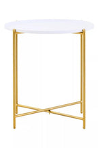 White Tray Top Round Side Table with Gold Finish Criss Cross Base | Trosa
