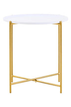 White Tray Top Round Side Table with Gold Finish Criss Cross Base | Trosa