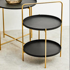 Black Rounded Shelves Two-Tier Side Table with Gold Iron Stand, Trosa