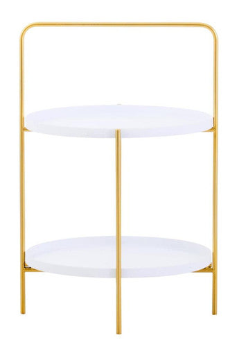 White Rounded Shelves Two-Tier Side Table with Gold Iron Stand, Trosa