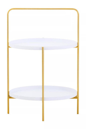 White Rounded Shelves Two-Tier Side Table with Gold Iron Stand, Trosa