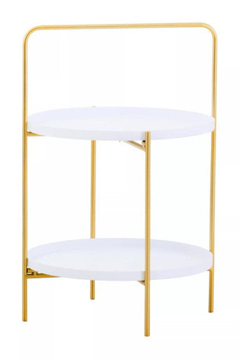 White Rounded Shelves Two-Tier Side Table with Gold Iron Stand, Trosa
