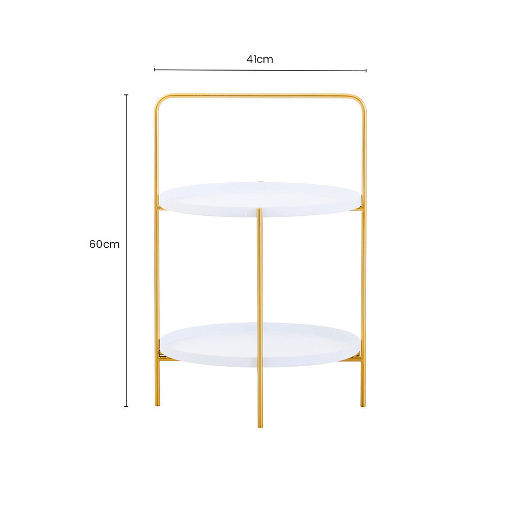 White Rounded Shelves Two-Tier Side Table with Gold Iron Stand, Trosa