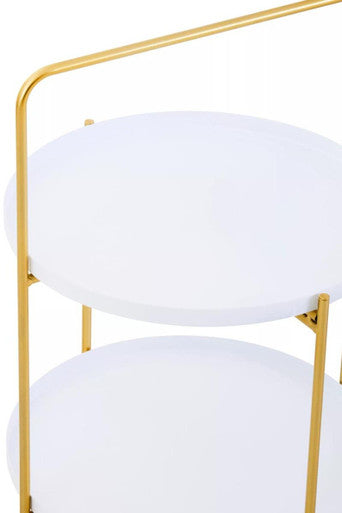White Rounded Shelves Two-Tier Side Table with Gold Iron Stand, Trosa