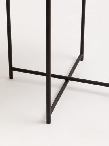 Round White Top Side Table with Black Iron Lattice Base | Trosa